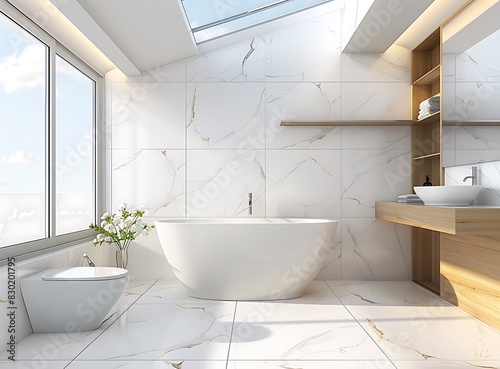 Modern bright bathroom with white marble tiles and wooden elements  freestanding bathtub  