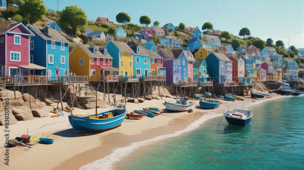 A tranquil coastal village with colorful houses, sandy beaches, and fishing boats bobbing in the harbor. Generative AI.