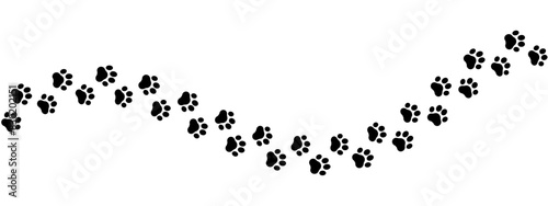 Paw print of a dog or cat. Footprint pet. Black lines animal prints isolated on white background. Tiger paws. Cute canine pattern. Puppy track. Feline step outline. Kitten leg. Vector illustration photo