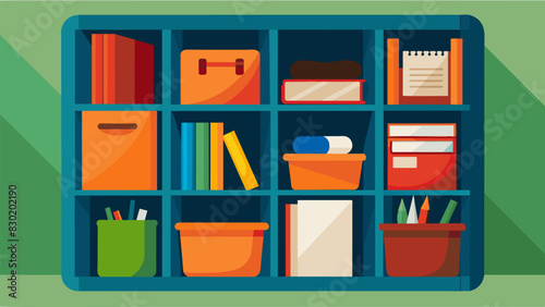 A set of organizational trays and containers strategically p in a cubby hole maximizing space and allowing the student to keep their belongings tidy and accessible.. Vector illustration
