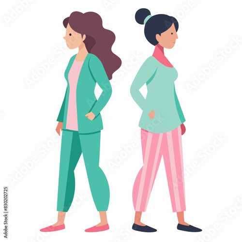 women in pajamas side view on a white background