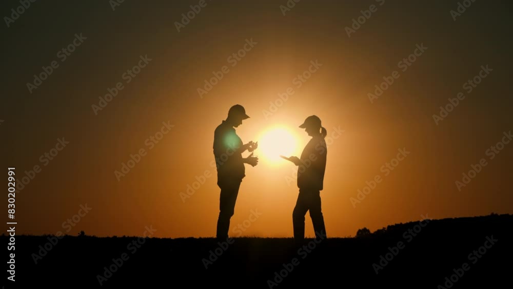 A couple of farmers are standing in a field at sunset, examining a plant and using a tablet. A couple of farmers are standing in a field at sunset, examining a plant and using a tablet.