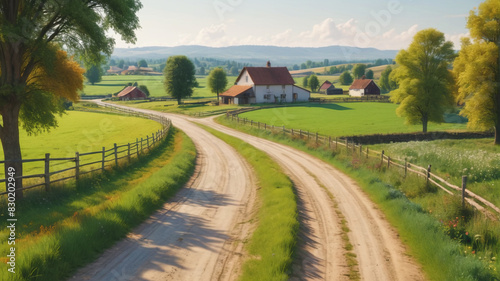 A charming countryside scene with rolling fields, farmhouses, grazing cows, and a meandering country road. Generative AI.