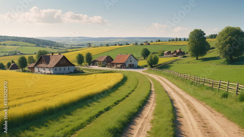 A charming countryside scene with rolling fields  farmhouses  grazing cows  and a meandering country road. Generative AI.