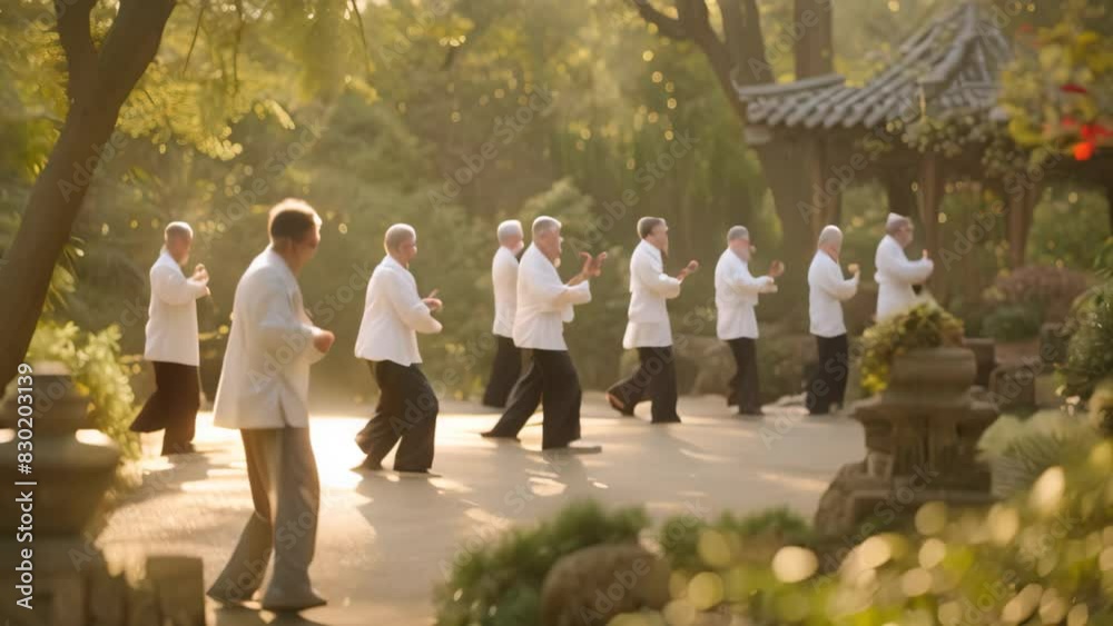 A group of seniors engaging in tai chi exercises outdoors in a park setting, A group of seniors practicing tai chi in a serene garden