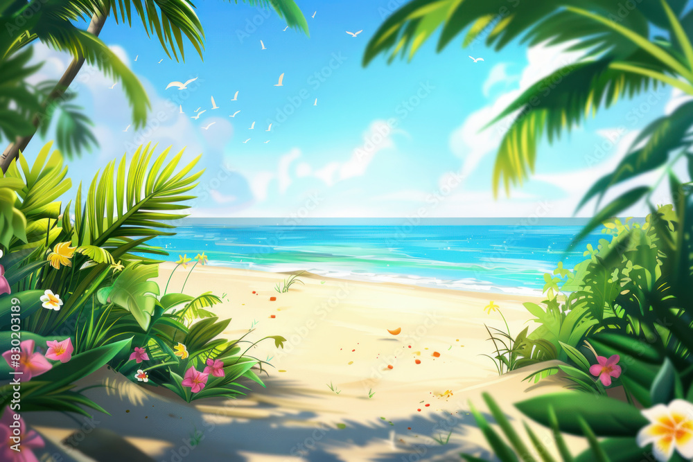 Obraz premium Tropical beach with lush greenery and clear blue sky