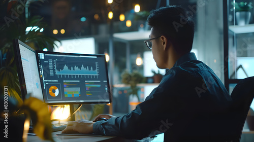 A data analyst focuses on two monitors displaying graphs and charts in a modern office setting. The office is dimly lit with warm lighting and a professional atmosphere.