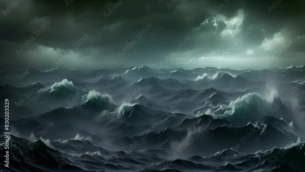 Powerful foamy sea waves rolling and splashing over water surface against cloudy blue sky. Dark Ocean in a storm at night. Stormy weather, turbulent waves 4k video