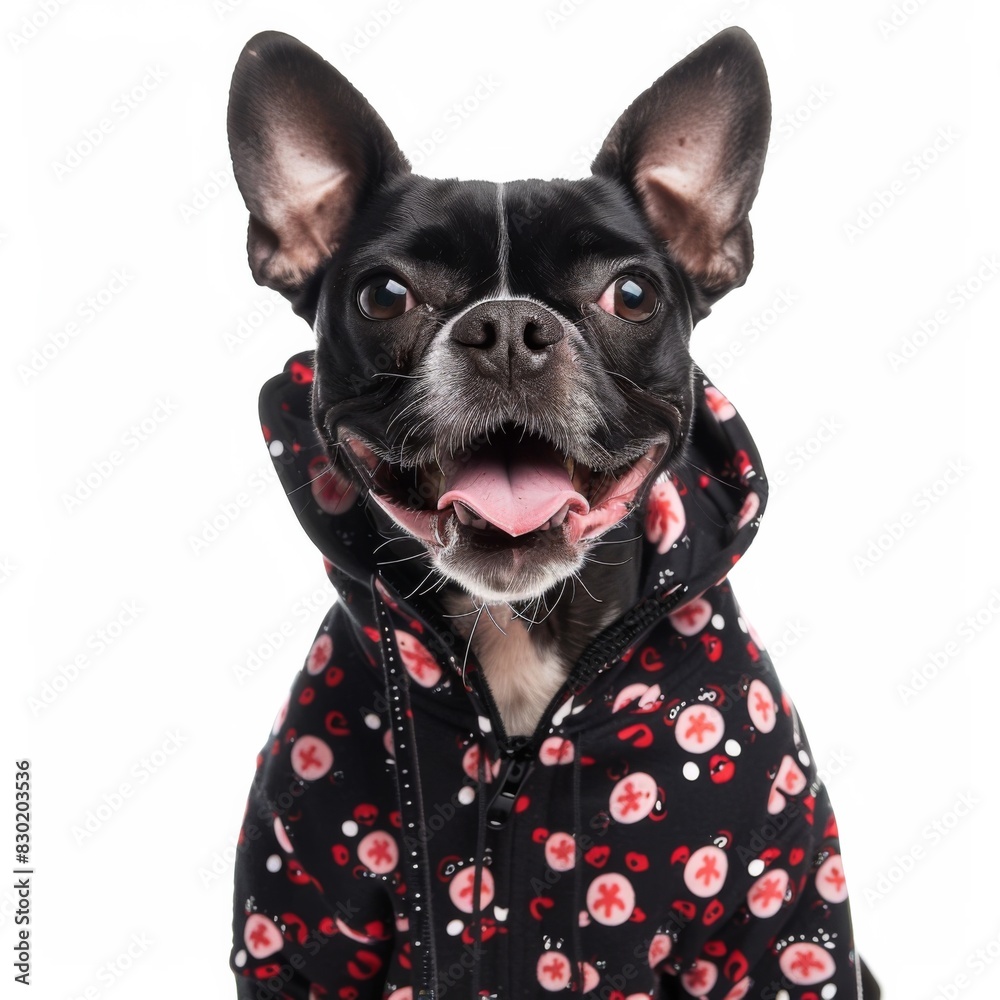 A small Boston Terrier dog proudly wears a black and red jacket