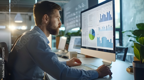 A business professional focuses on data analysis on a computer screen in a modern office. The well-lit workspace with plants and large windows fosters a productive and engaging environment.