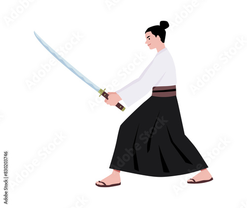 Samurai vector graphics. Warrior pose with sword on isolated background.