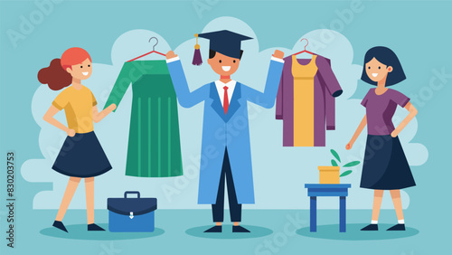 A student excitedly choosing the perfect graduation dress or suit trying on different options and getting advice from friends before making the final decision.. Vector illustration