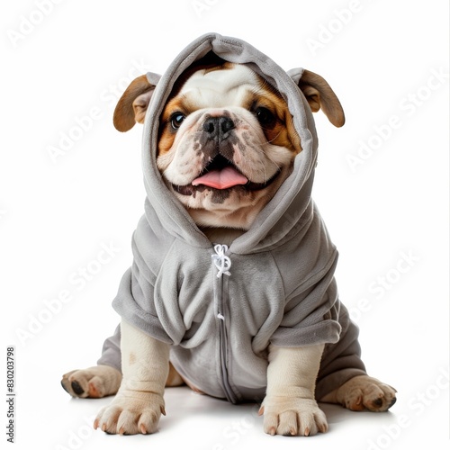 A Bulldog wearing a hoodie sits comfortably on the ground