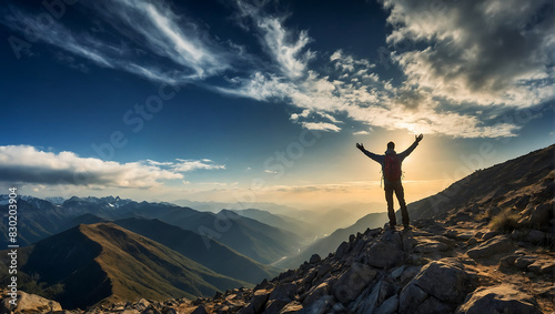 A lone person stands on top of a big mountain with hands towards the sky as to celebrate their achievement © The A.I Studio