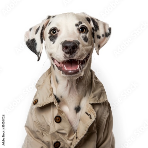 A Dalmatian dog elegantly wears a trench coat, embodying a stylish and charming detective persona