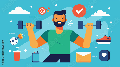 A video montage of the man trying out different forms of exercise not to change his body but to feel stronger and more confident in his skin.. Vector illustration