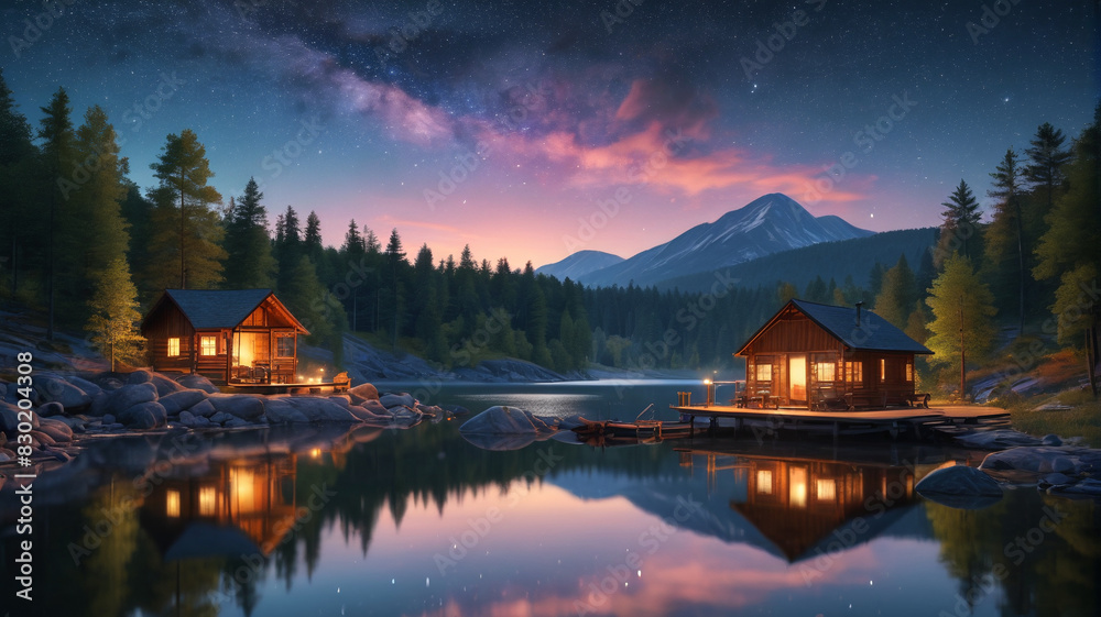 Fototapeta premium A tranquil lakeside retreat with cozy cabins, a campfire, and a star-filled sky overhead. Generative AI.