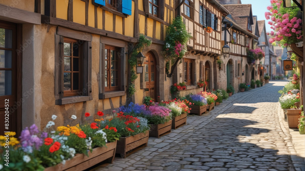 Fototapeta premium A charming European village with cobblestone streets, half-timbered houses, and colorful flower boxes adorning the windowsills. Generative AI.