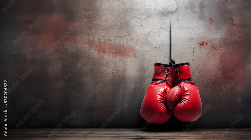 Red leather boxing gloves on the background of an old gray wall. Still life of sports gear evoking grit and endurance. Sports equipment. Copy space.