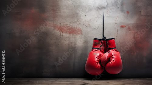 Red leather boxing gloves on the background of an old gray wall. Still life of sports gear evoking grit and endurance. Sports equipment. Copy space. © Marina_Nov