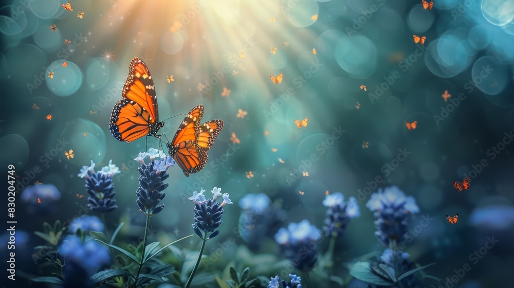 A painting of two butterflies soaring above a field of blue blooms, where sunlight filters through the clouded sky; blue and white blossoms populate the foreground A painting of two butterflies soaring above a field of blue blooms, where sunlight filters through the clouded sky; blue and white blossoms populate the foreground