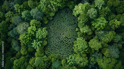 Aerial view of an lush green forest landscape. intricate pattern human fingerprint nature concept.