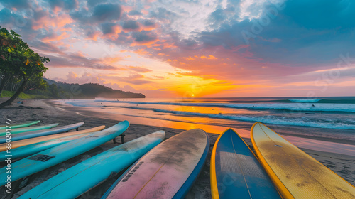 Surfboards are resting on the sand at a beach during a vibrant sunset. The sky is filled with stunning colors of orange, pink, and blue, creating a serene and picturesque coastal scene