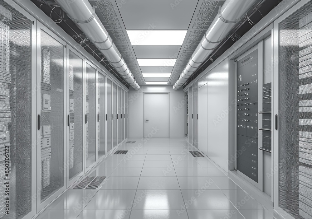 Futuristic server room with supercomputers
