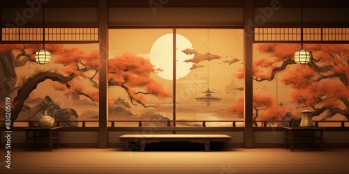 A vintage Japanese room. Traditional high class Japanese style room with gold back style painting walls background photo