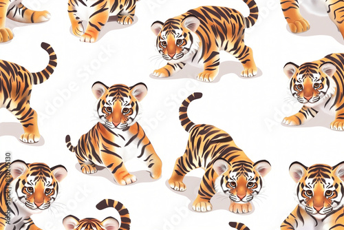 Seamless pattern with cute cartoon tigers on a white background