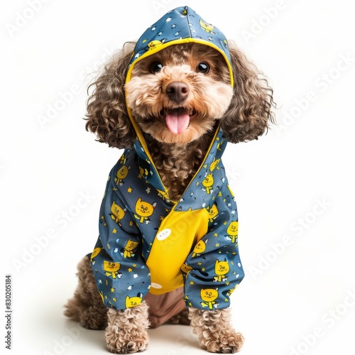 Playful Pippin, a small dog in a blue and yellow raincoat, prances happily under the rain photo