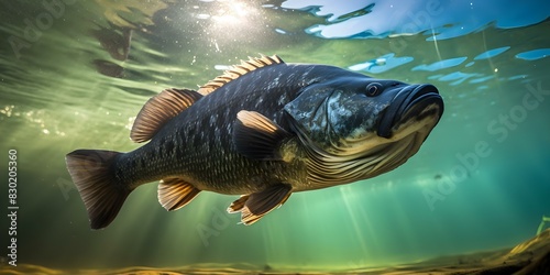 Big black bass in a freshwater fishing simulation. Concept Freshwater Fishing, Big Black Bass, Fishing Simulation, Water Adventure, Outdoor Sports