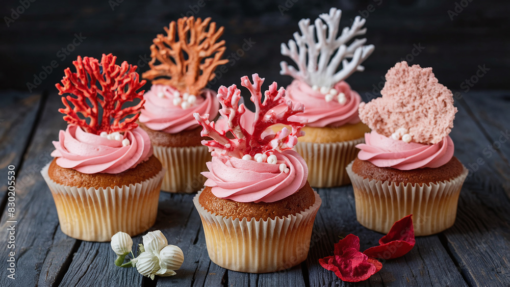 cute culinary decorated cupcakes with sea and coral theme, special occasion, delicatessen catering, high-end pastry cute culinary decorated cupcakes with sea and coral theme, special occasion, delicatessen catering, high-end pastry