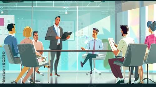 Project Manager Leading a Meeting: In a conference room, a project manager leads a team meeting, discussing project goals and assigning tasks to ensure everything runs smoothly