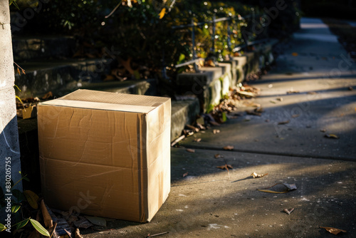 Cardboard Box Left on Residential Sidewalk in Sunlight photo