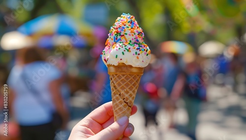 Refreshing Ice Cream Cone with Sprinkles on Sunny Day