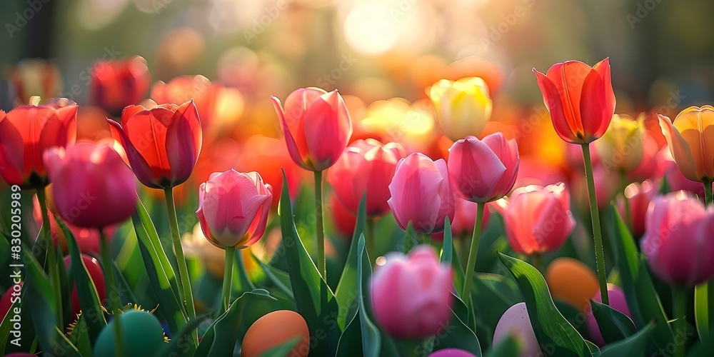 Easter eggs hidden in a panoramic tulip field view. Concept Easter Celebration, Spring Landscape, Tulip Flower Field, Hidden Easter Eggs, Panoramic View Easter eggs hidden in a panoramic tulip field view. Concept Easter Celebration, Spring Landscape, Tulip Flower Field, Hidden Easter Eggs, Panoramic View