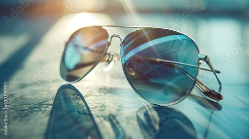 Sunglasses: A pair of sunglasses is elegantly photographed on a bright surface. The details of the frame and reflections on the lenses are visible, highlighting the sunglasses' design and style photo