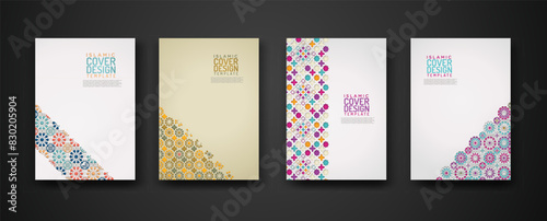 Set islamic cover design template with colorful detail and texture of floral mosaic islamic art ornament.