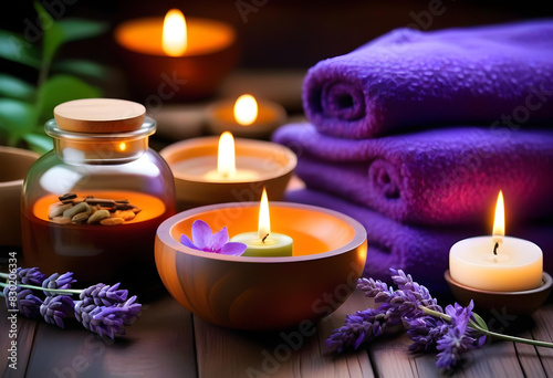 A woman receiving a massage with candles and lavender flowers in the background