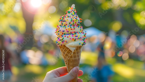 Delicious Ice Cream Cone with Colorful Sprinkles in Park