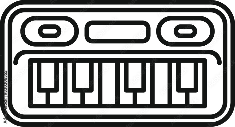 Black and white line art vector of a retro audio cassette tape, perfect for nostalgic designs