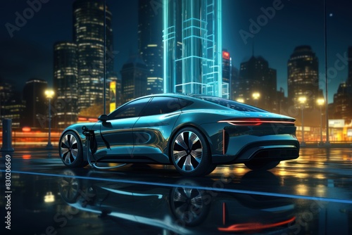 Futuristic electric car 3d illustration. Modern Electric Vehicle with neon lights. Electric Vehicle. Futuristic electric car. Electric cars of the future, 3d illustration.