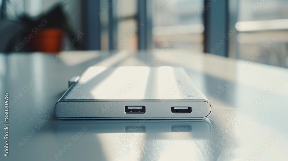 Power Bank: Positioned on a bright surface, a modern power bank is stylishly photographed. Its details and ports are visible, emphasizing both its design and ease of use Power Bank: Positioned on a bright surface, a modern power bank is stylishly photographed. Its details and ports are visible, emphasizing both its design and ease of use