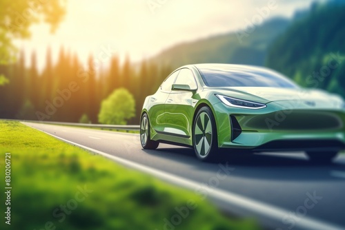 Futuristic electric car 3d illustration. Modern Electric Vehicle with neon lights. Electric Vehicle. Futuristic electric car. Electric cars of the future, 3d illustration. © John Martin