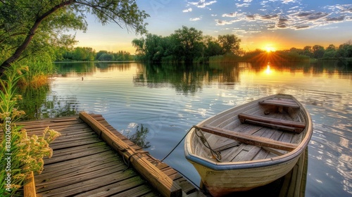 A serene lakeside scene at sunset with a wooden rowboat tied to a rustic dock. Calm water reflects the golden hues of the sky, surrounded by lush trees.