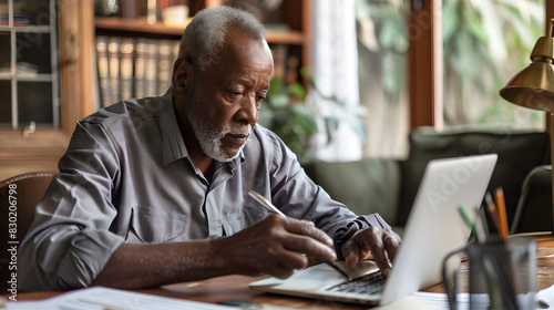 A senior man works on his laptop and writes notes in a home office. The setting is well-lit and filled with books and plants, emphasizing focus, productivity, and lifelong learning. photo