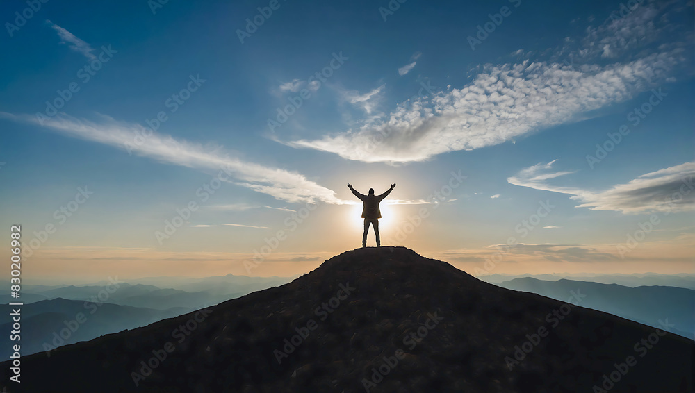 A lone person stands on top of a big mountain with hands towards the sky as to celebrate their achievement