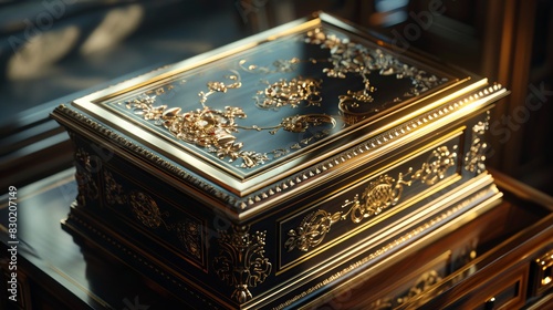 Jewelry Box: Placed on a sleek surface, a jewelry box shines with its elegant design. The intricate details of the box and the shimmering jewelry inside create an inviting atmosphere  © shaiq