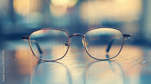 Glasses: A pair of glasses placed on a shiny table, elegantly photographed.  photo